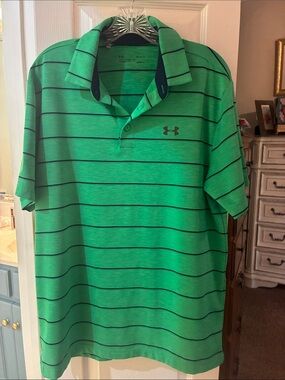 Under Armour Heat Gear Green Navy Striped Golf Polo Shirt SZ L